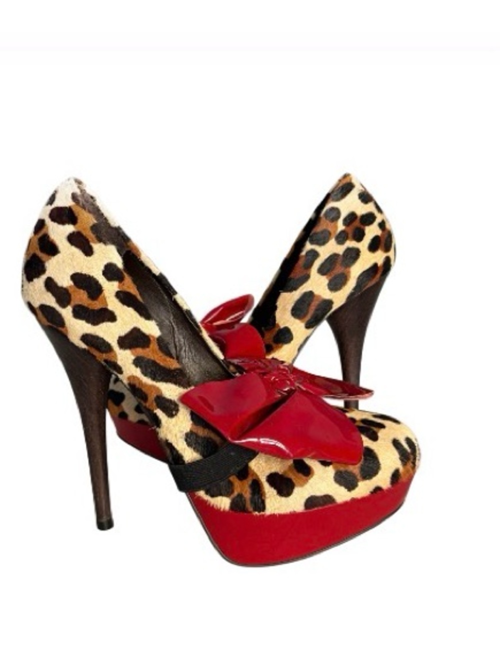 KG KURT GEIGER Leopard Print Shoes Heels Animal Hair Removable Red Bow Size 37